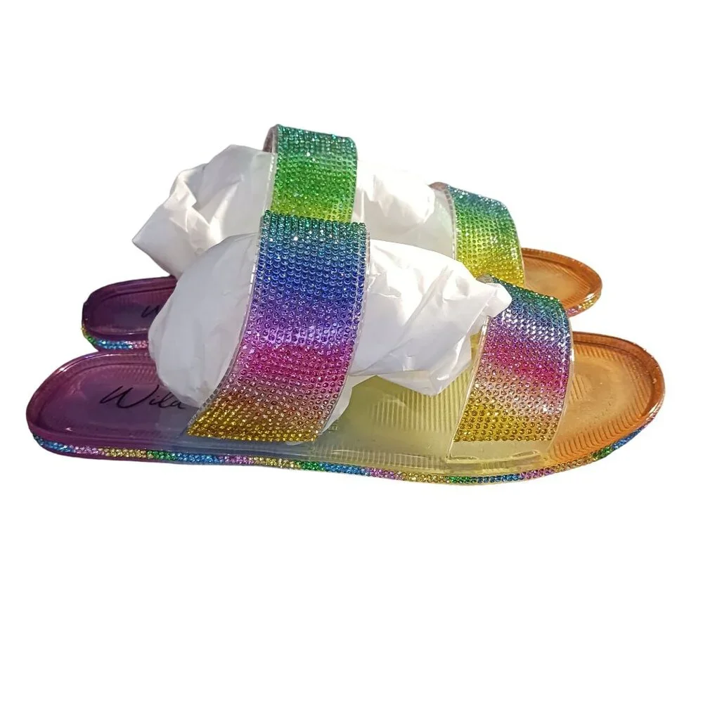NEW Wild‎ Pair Juba Embellished Pool Side Jelly Sandals in Rainbow Bling Size 7